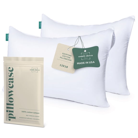 ComfyDown Pillowcase for Toddler & Travel Pillows - 2 Pack - Breathable, 100% Cotton, 400-Thread Count, Zipper Closure - Made in USA - 13"x18"
