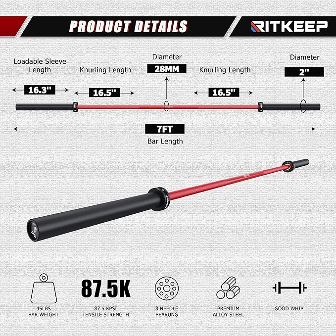 RitKeep Fitness 7ft Olympic Barbell Weight Bar, 1200 LBS Max Capacity for Weightlifting