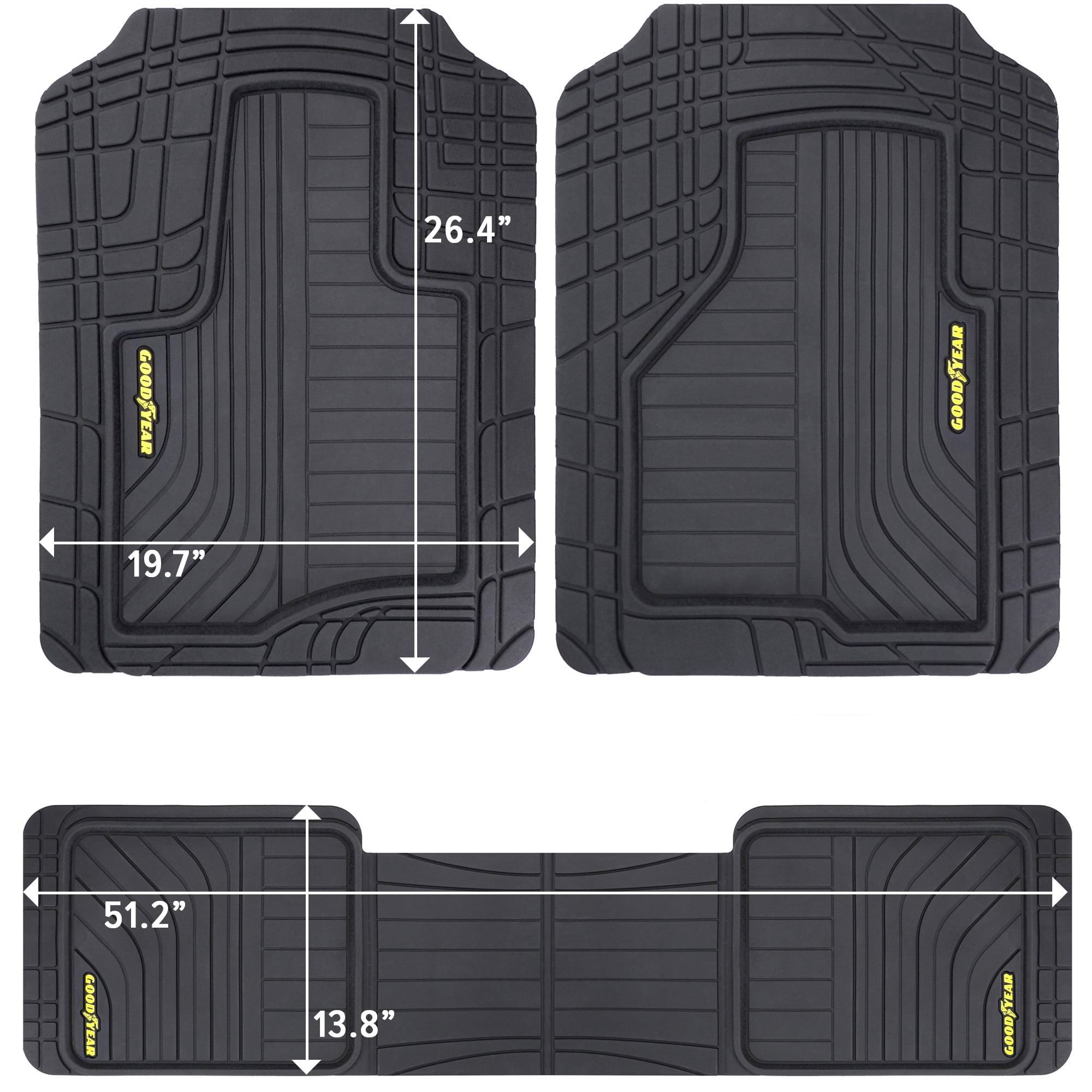 Goodyear 5-Piece Sport All-Weather Rubber Floor Mat Set – Black with Yellow Logo + 2 Cup Holder Coasters – Heavy Duty Universal Trim-to-Fit Car, SUV & Truck Floor Mats