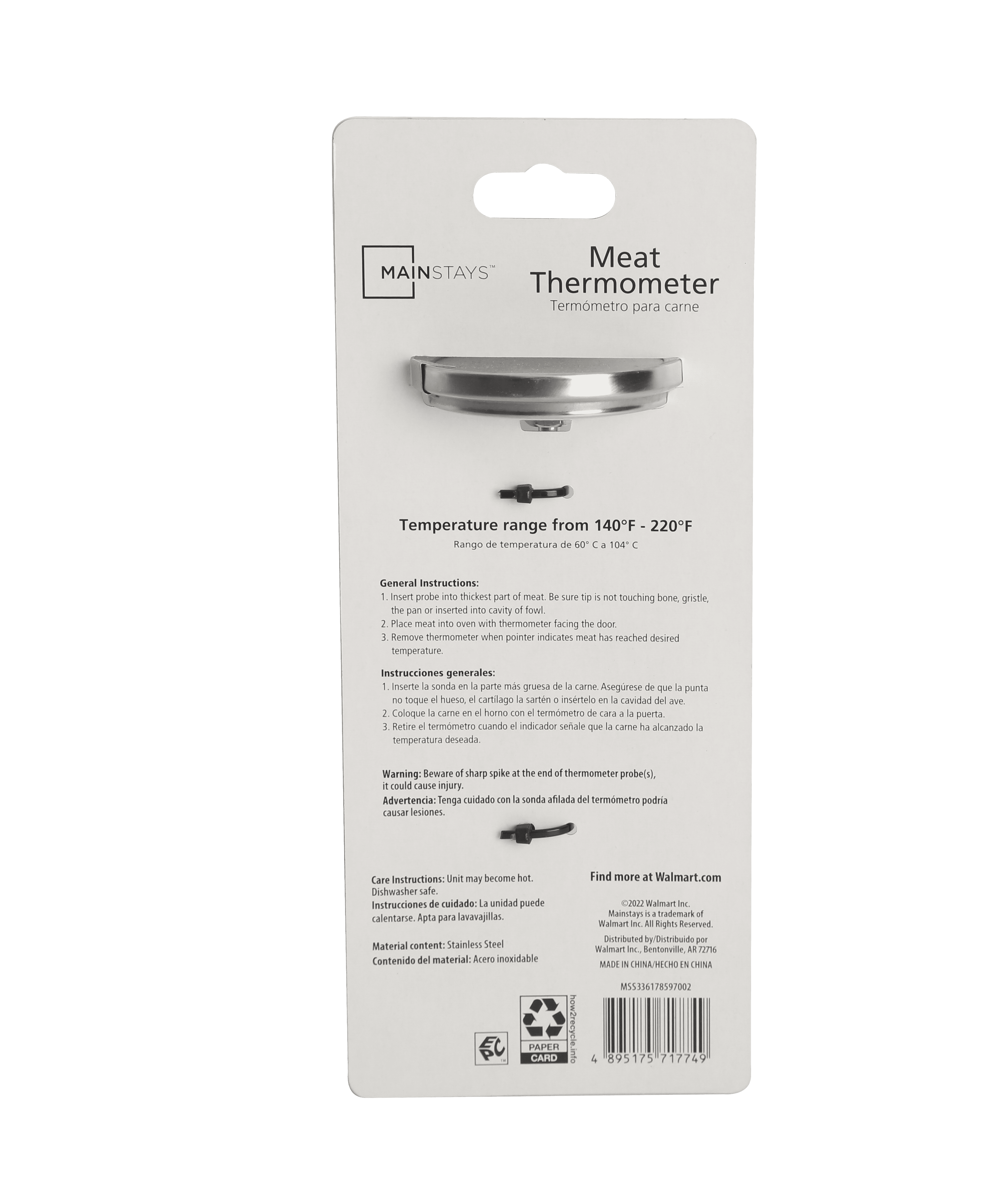 Mainstays NSF Certified Oven Safe Meat Thermometer, Extra Large