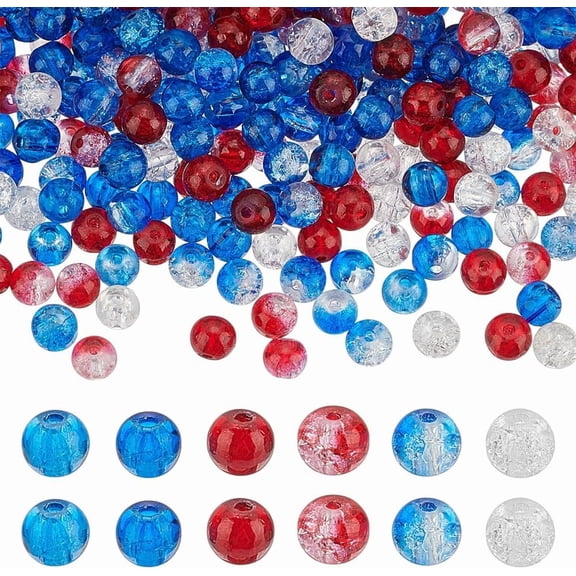 300pcs 6mm 4th of July Glass Beads for Bracelet 6 Styles Red White Blue Beads Loose Bead Patriotic Bead for Necklace Earring DIY Jewelry Crafts Making