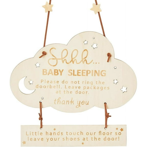 Baby Sleeping Sign for Front Door Wooden Hanging Decorations Do Not Ring Doorbell Wood Sign Rustic Door Decor with Hemp Rope Cloud Wooden Hanger Wall Decor for New Parents 8.7x5.5Inch for diy