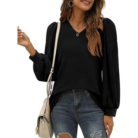 TEMOFON Long Sleeve Shirts for Women Fall Tops V Neck Blouses Casual Lightweight Pullover Sweatshirts for Women Tunic Tops Dressy Puff Sleeve Solid Color Black Size XL