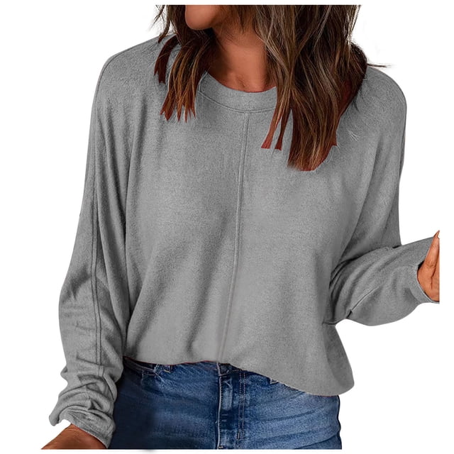 Yuyuzo Hauts Grande Taille pour Femmes Chic Mode Décontracté Couleur Unie Chemises de Bas Manches Longues Col Rond Hauts