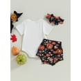 thumbnail image 4 of Wassery Baby Girls Halloween Shorts Sets Short Sleeve Letter Print Romper Tops and Pumpkin Print Shorts Headband 3 6 12 18 Months Infant Summer Casual Clothes, 4 of 8