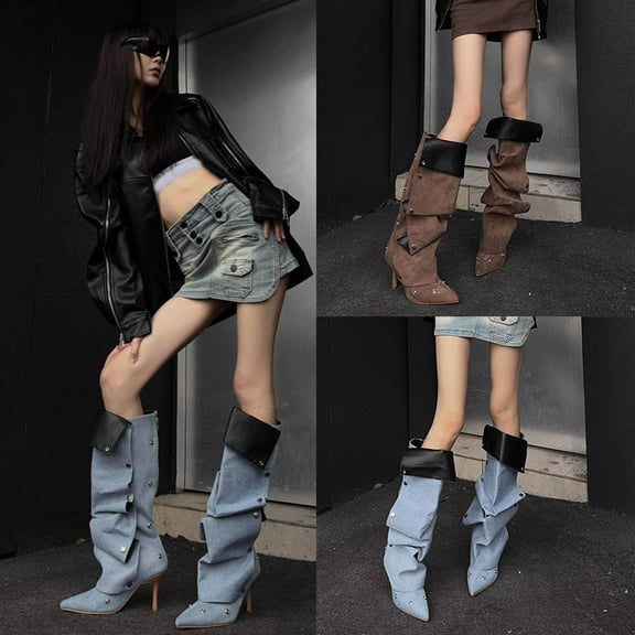Lovzfmll Knee High Boots for Women, Pointed Toe Stacked Boots, High Heel Long Tube Wide Calf Boots, Fashion Denim Fall Winter Shoes, 5.5, Blue