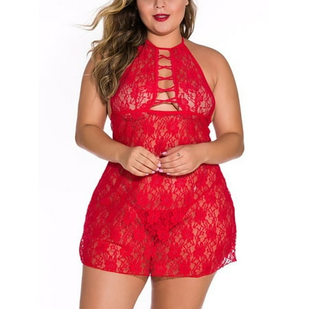

Frontwalk Women Chemise Plus Size Lingerie Lace Nightwear Ladies With Thong Sleepwear Halter Neck Babydoll Red 3XL