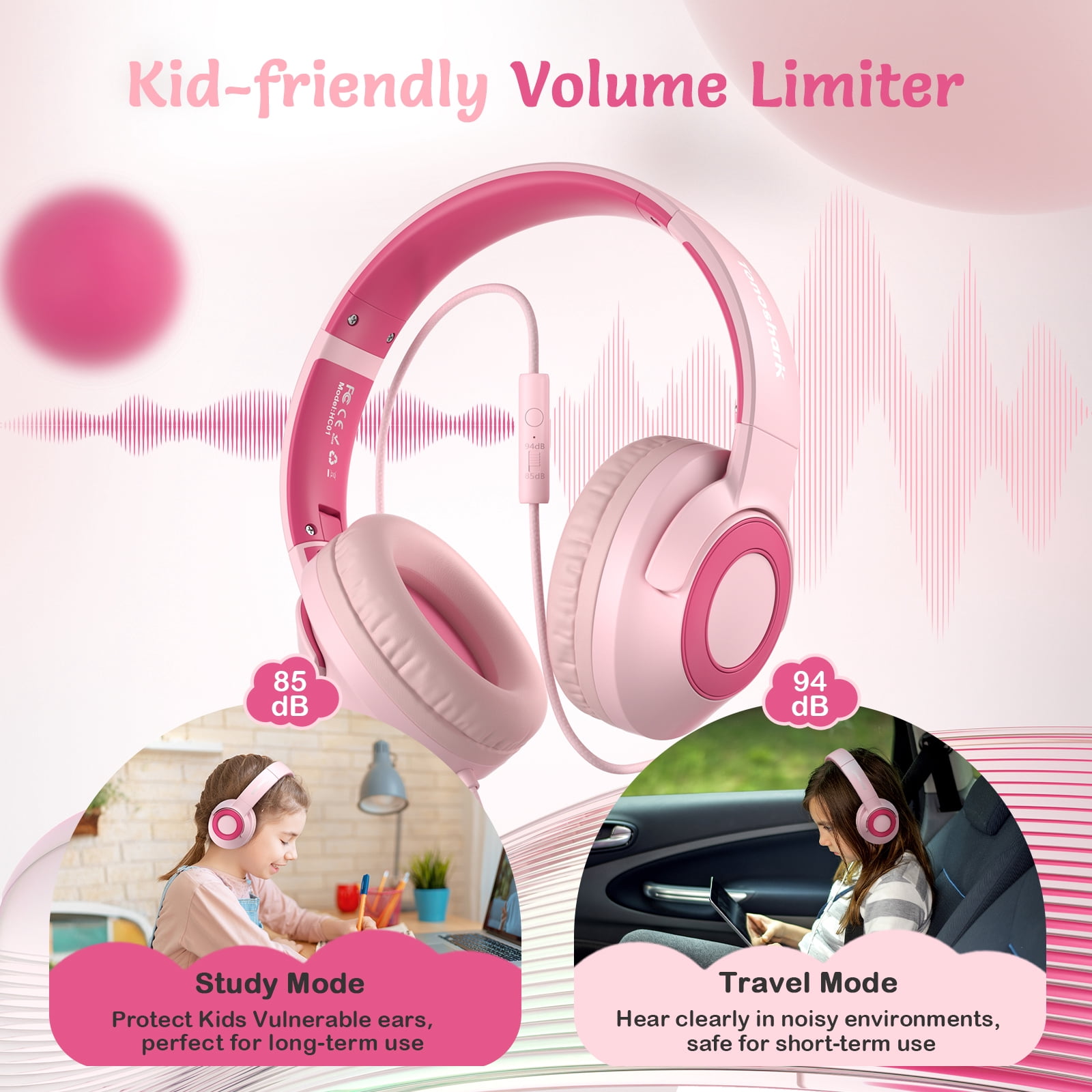 Tonoshark Kids Wired Headphones with Microphone, Volume Limited to 85/94dB Pink Earphone for Girls, Foldable 3.5mm Jack Headset for School & Travel, Includes Portable Case