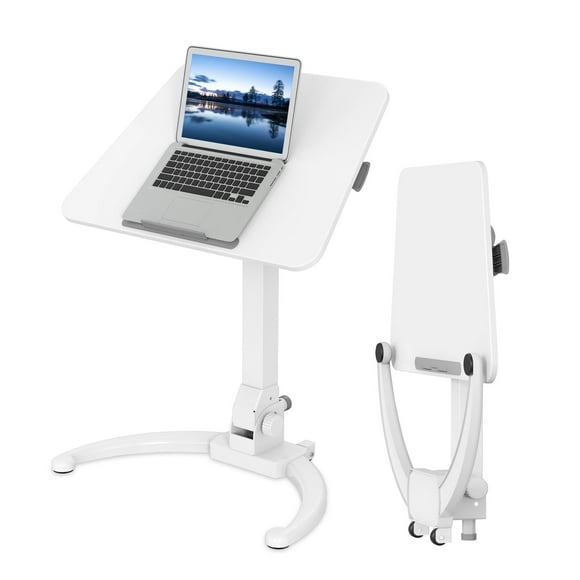PrimeCables Portable Foldable Standing Desk, Height Adjustable Mobile Overbed Table for Home Office Dormitory Hospital Use, Sit to Stand Computer Workstation with Tiltable Desk Top & 22 lbs Capacity