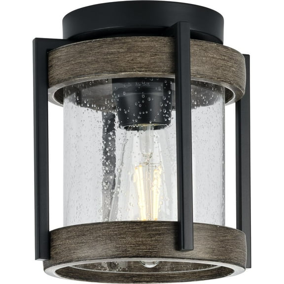 Whitmire Collection One-Light Matte Black with Aged Oak Accents Clear Seeded Glass Farmhouse Outdoor Ceiling Mount Light