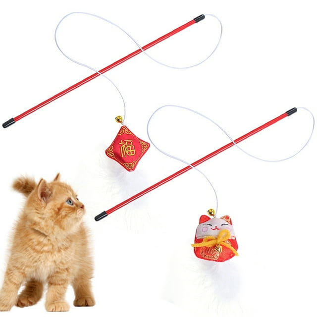 2PCS Faux Feather Cat Wand Plastic Funny Cat Teaser Wand Kitten Interactive Toy