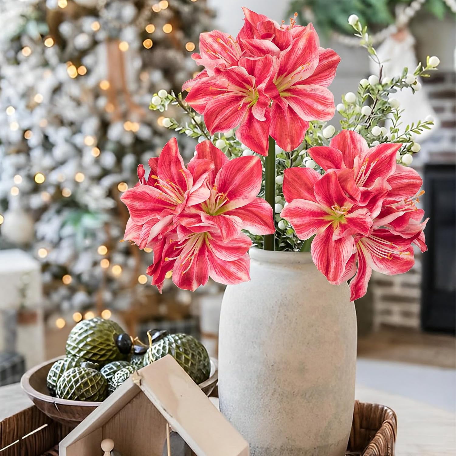 Briful 3PCS Amaryllis Artificial Flowers 17.3 Inch Faux Amaryllis Flowers Stems with 4 Heads Silk Floral Bouquet for Home Room Table Centerpiece Wedding Party Arrangements(Light Red)