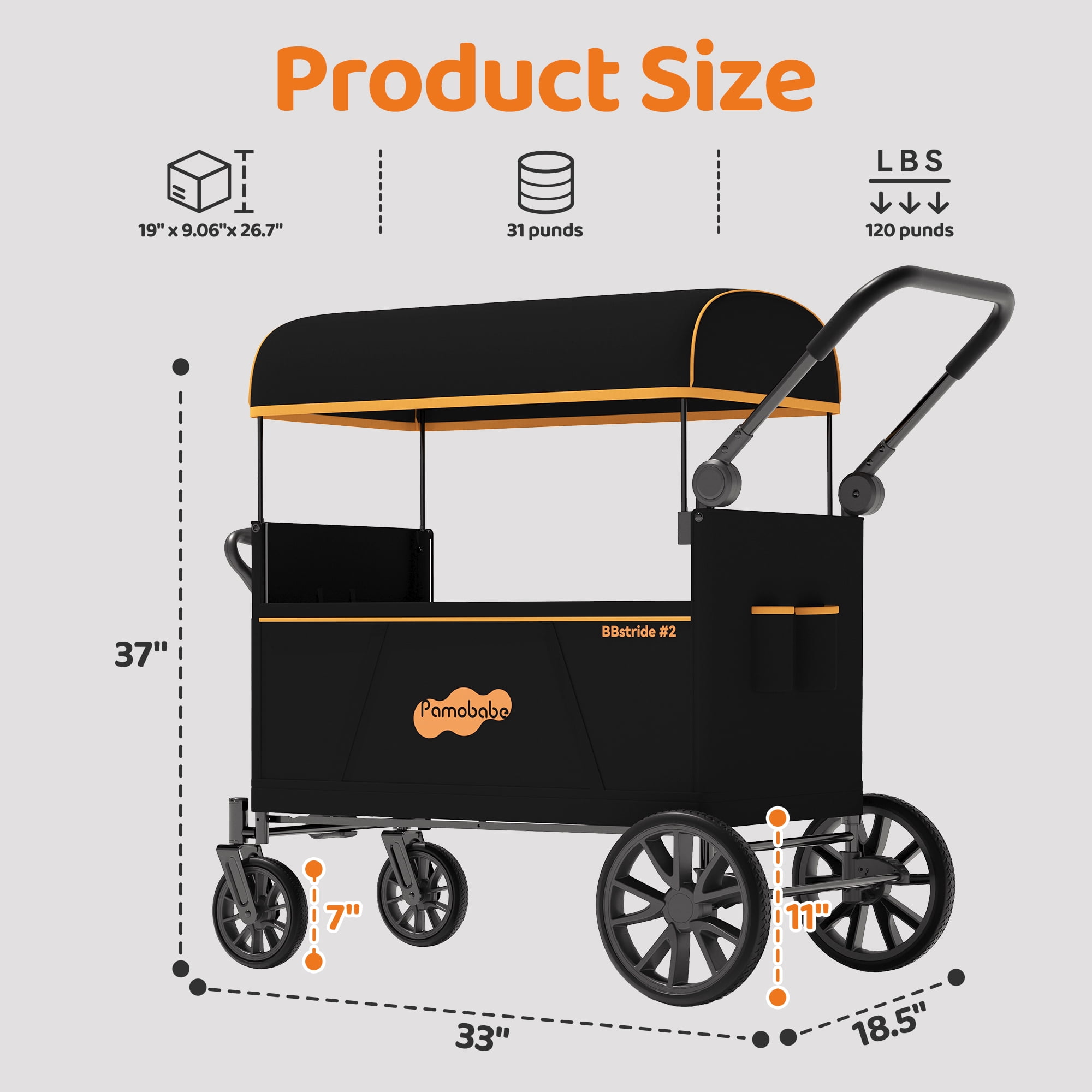 Pamo Babe Wagon Stroller, 2-Seat and All-Terrain Wagon with Canopy, Adjustable Handlebar for Toddlers, 1 Pack