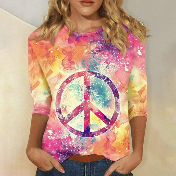 Sakmal Womens Hippie Shirts Pink 3/4 Sleeve Peace Shirts Crew Neck Blouses Workout Tops for Women