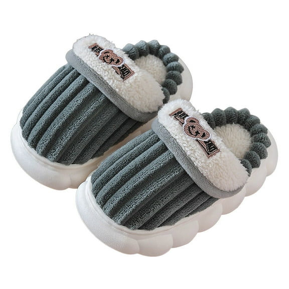 Kids Winter Slippers Boys Girls Cute Embroidery Corduroy Fuzzy Memory Foam Slip on House Shoes