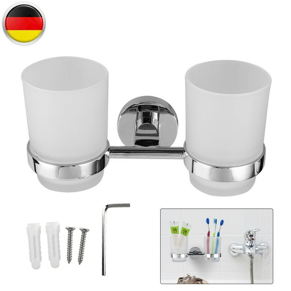 Stainless Steel Double Glass Bathroom Wall-Mounted Toothbrush Cup Holder