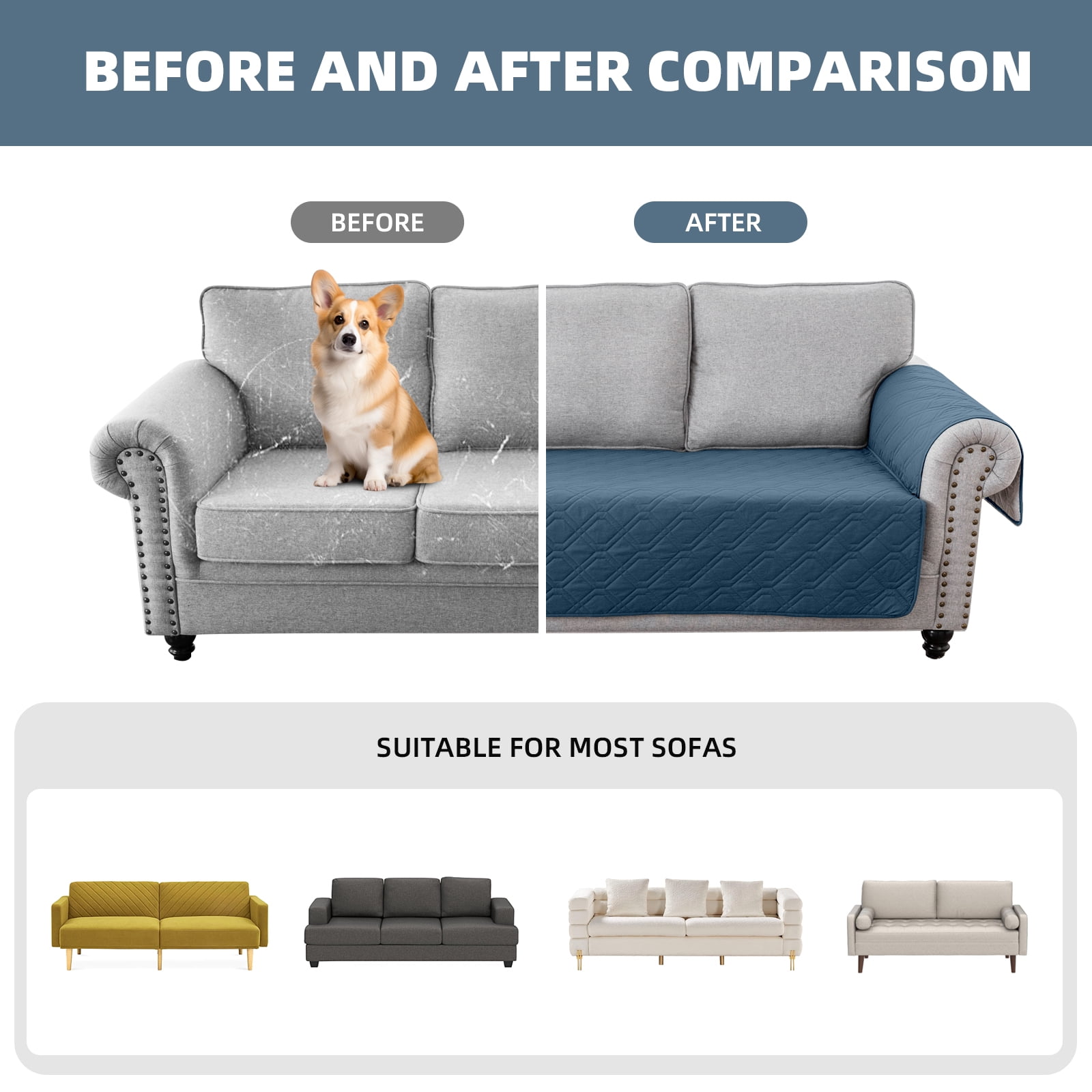 Eurhowing Waterproof Sofa Cover for 1/2/3 Seater Couches, Non-Slip Leakproof Stretchable Couch Slipcover, Machine Washable Furniture Protector with Side Pockets, Berlin Blue