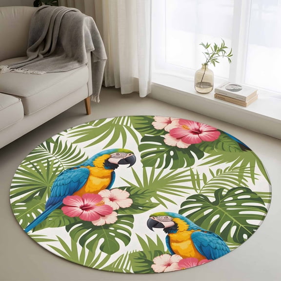 Area Rug 36in, Tropical Palm Leaves Parrots Floor Carpet Living Room Rug, Summer Jungle Plant Non-Slip Welcome Mat Indoor Rugs for Bedroom Dining Room