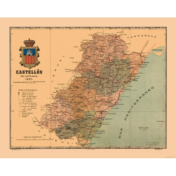Historic Map - Castellon de la Plana Spain - Martine 1904 - 28.72 x 23 - Vintage Wall Art