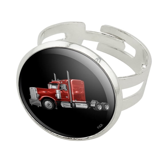 Semi Tractor Trailer Truck Trucker Silver Plated Adjustable Novelty Ring