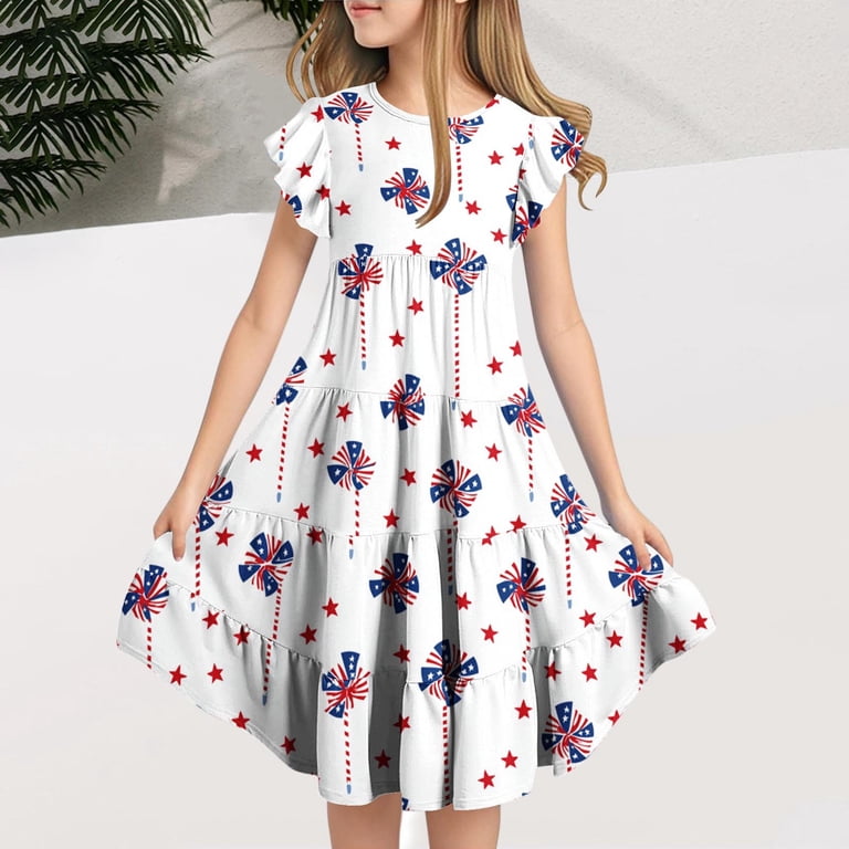 Ugoldhm Girls' Fourth of July Fit & Flare Beach Dress Short Sleeve, Star  Print, Boho Casual for 6-15 Years - Walmart.com