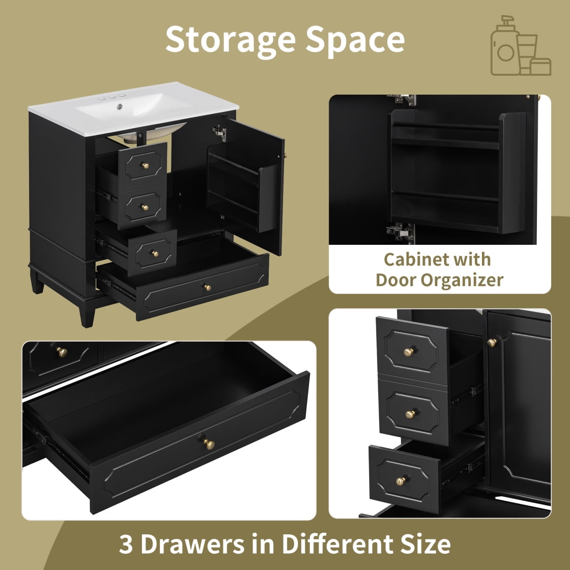 30" Bathroom Vanity with Ceramic Sink ,Soft-Close Door and 3 Drawers, Freestanding Vanity Cabinet with Storage Shelves,Solid Wood Frame Vanity for Bathroom, Black