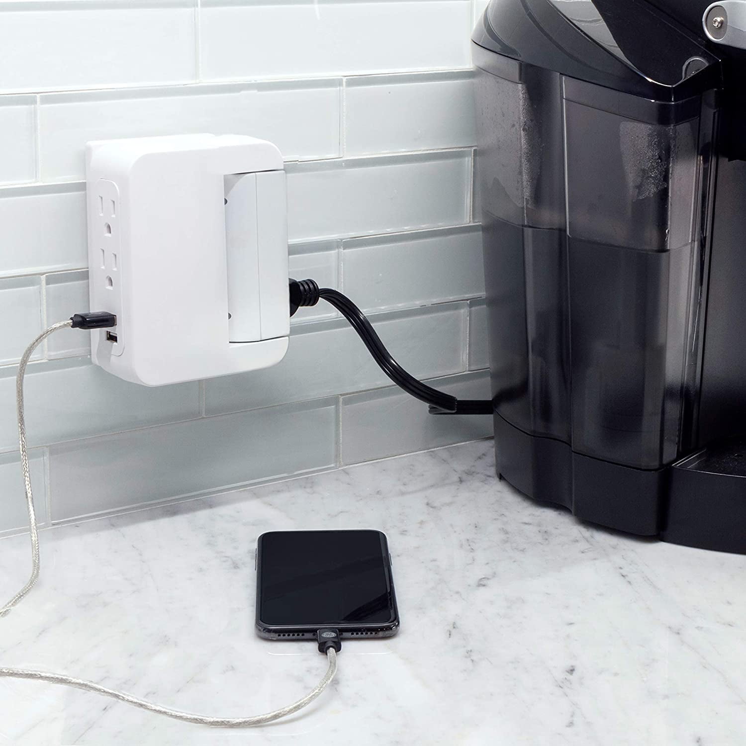 GE Pro Side-Access Swivel Surge Protector, 5-Outlet Wall Tap with 2 USB Ports, 3 Prong, Charging Station, 560 Joules, White, 2 Pack - 55246