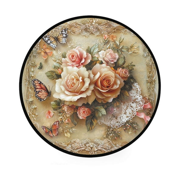 BZSMCE Round Decorative Floor Mat Butterfly and Roses on Lace Pattern 36.2IN