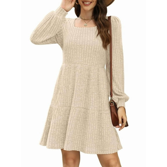 Womens Square Neck Long Sleeve Fall Dresses Casual Babydoll Sweater Dress  XL