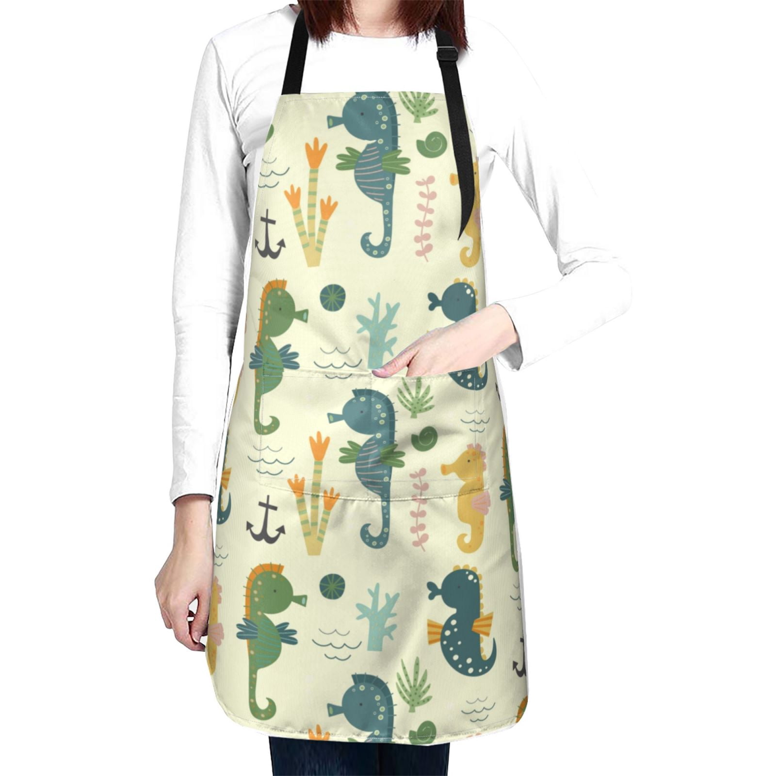 Kdxio Seahorse Apron with Pockets Adjustable Kitchen Aprons for Men Women Waterproof Aprons for Cooking,Drawing,Crafting, Baking Household Cleaning