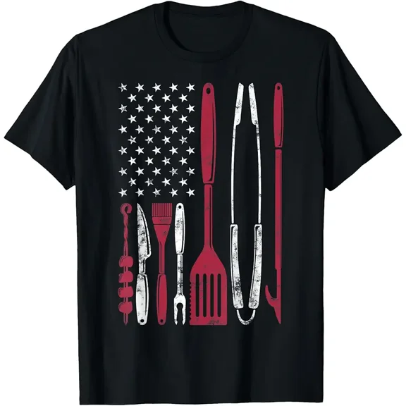 Patriotic BBQ Utensil Flag Pit Master Men Short Sleeve Graphic T-Shirt