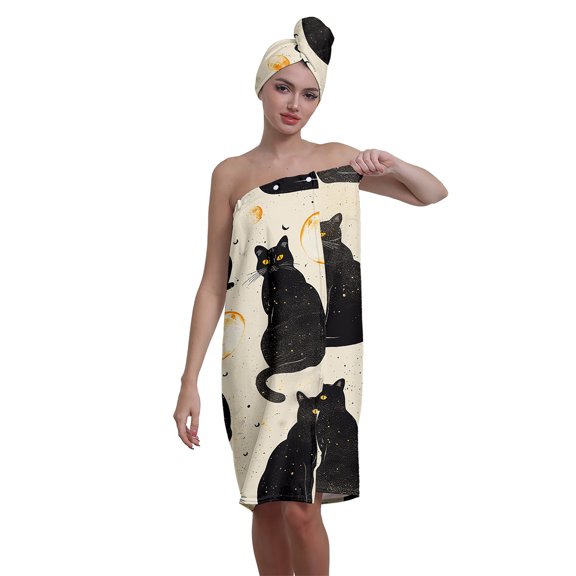 Colevkie Women's 2 Pcs Bath Wrap Set Bath Skirt & Hair Drying Cap Absorbent and Soft Bath Towel Beach Towel Shower Cap Quick Drying for Bathroom Sauna Spa Printed Cats Theme Pattern