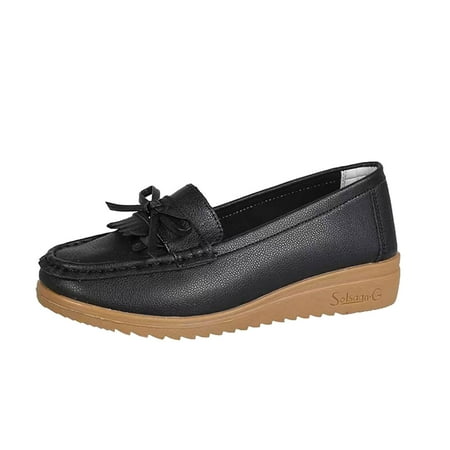 Fauean Slip on Shoes Women Ladies Breathable Leather Bow Decorated Comfortable Work Shoes Black Size 38