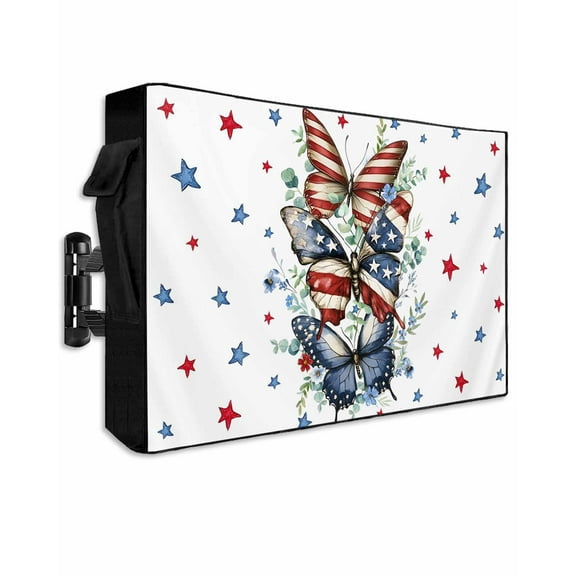 Navy Blue Butterfly 4th of July Outdoor TV Cover 70 to 75 Inch Weatherproof, Independence Day Red Star 600D Oxford TV Covers with Waterproof Zipper, Outside Flat TV Screen Protector 68"Wx42"Hx4.5"D