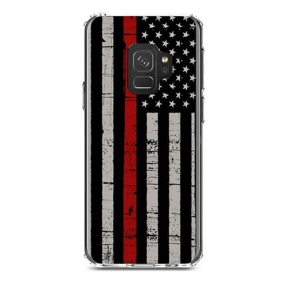 DistinctInk Clear Shockproof Hybrid Case for Samsung Galaxy S9 (5.8" Screen) - TPU Bumper, Acrylic Back, Tempered Glass Screen Protector - Weathered Thin Red Line US Flag - First Responders