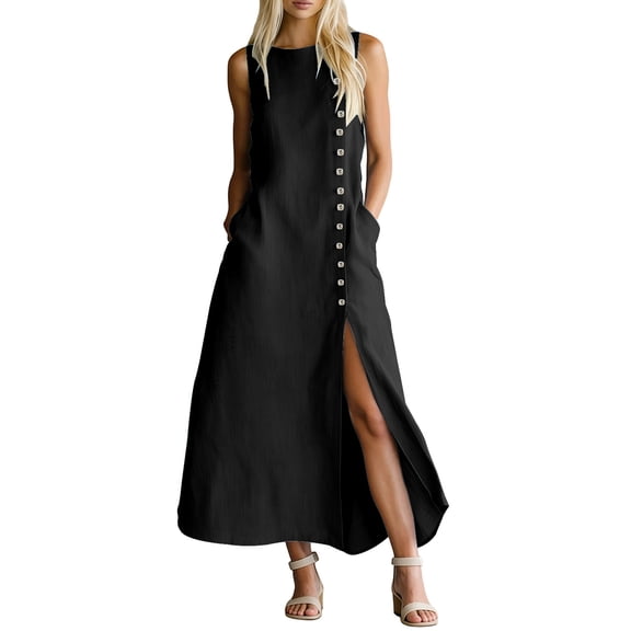 Makaor Linen Dresses for Women Plus Size Sheath Button Maxi Dresses Sleeveless Solid Crew Neck Beach Vacation Clothes Black S