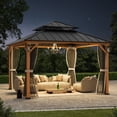thumbnail image 3 of Modern Shade Hardtop Gazebo 12' x 12' with 4 LED Lights, Permanent Gazebo with Double Galvanized Steel Roof for Outdoor Backyard, Brown, 3 of 9