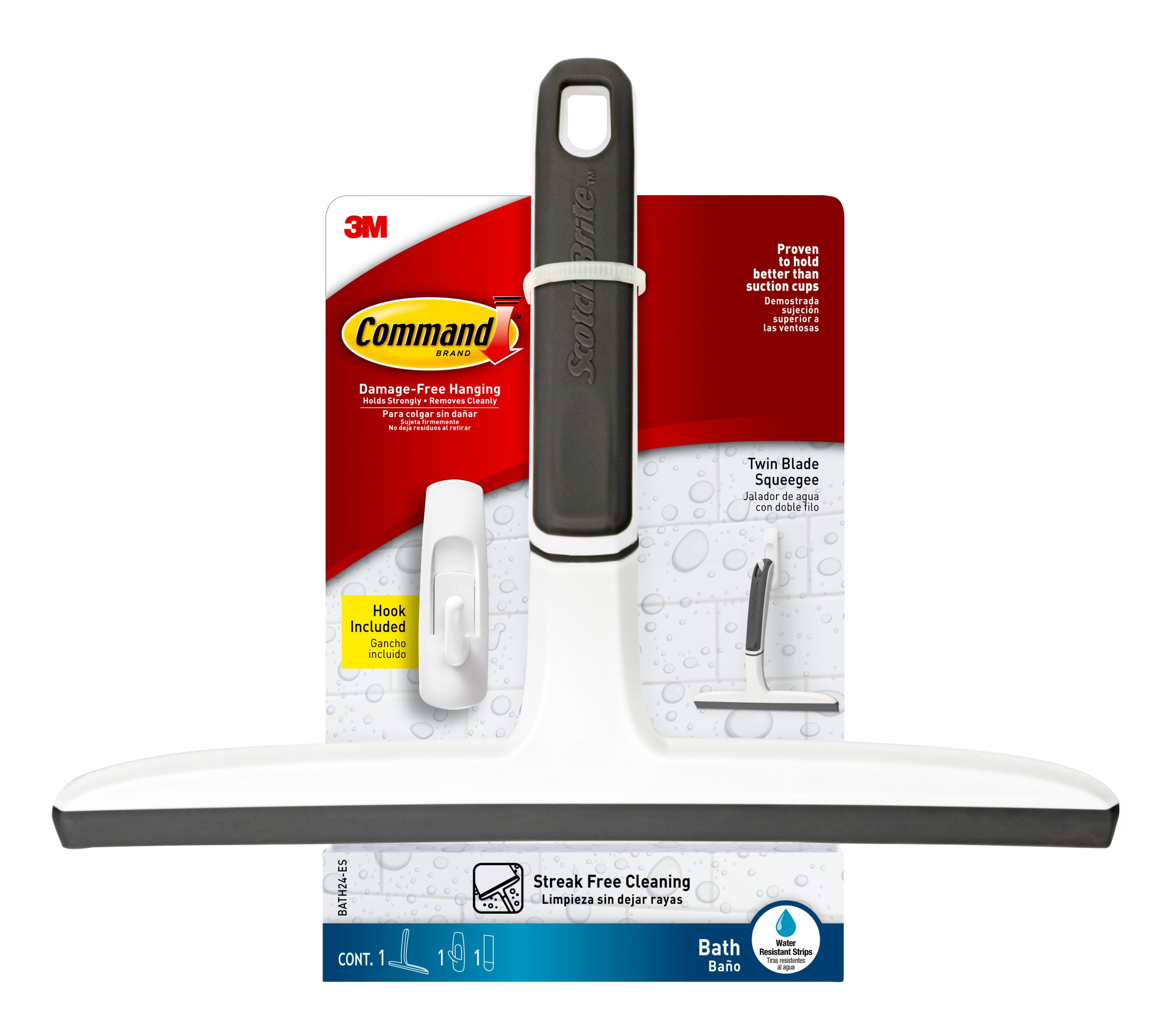 Command Twin Blade Squeegee with Bath Hook, White, 1 Squeegee