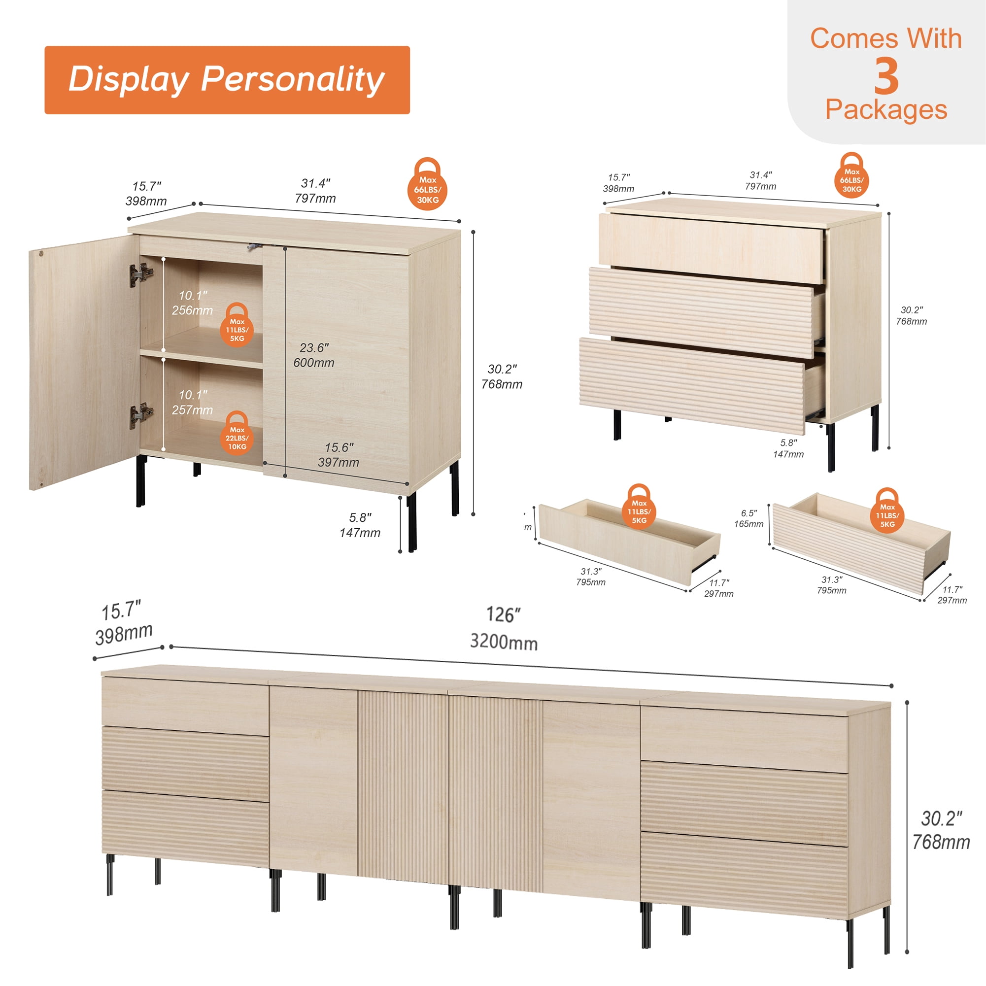 94.5" Reeded Accent Cabinet Set with Doors and Adjustable Shelves, Modern Credenza Storage Cabinet with Charging Station for Living Room, Kitchen, Dining Room, Hallway