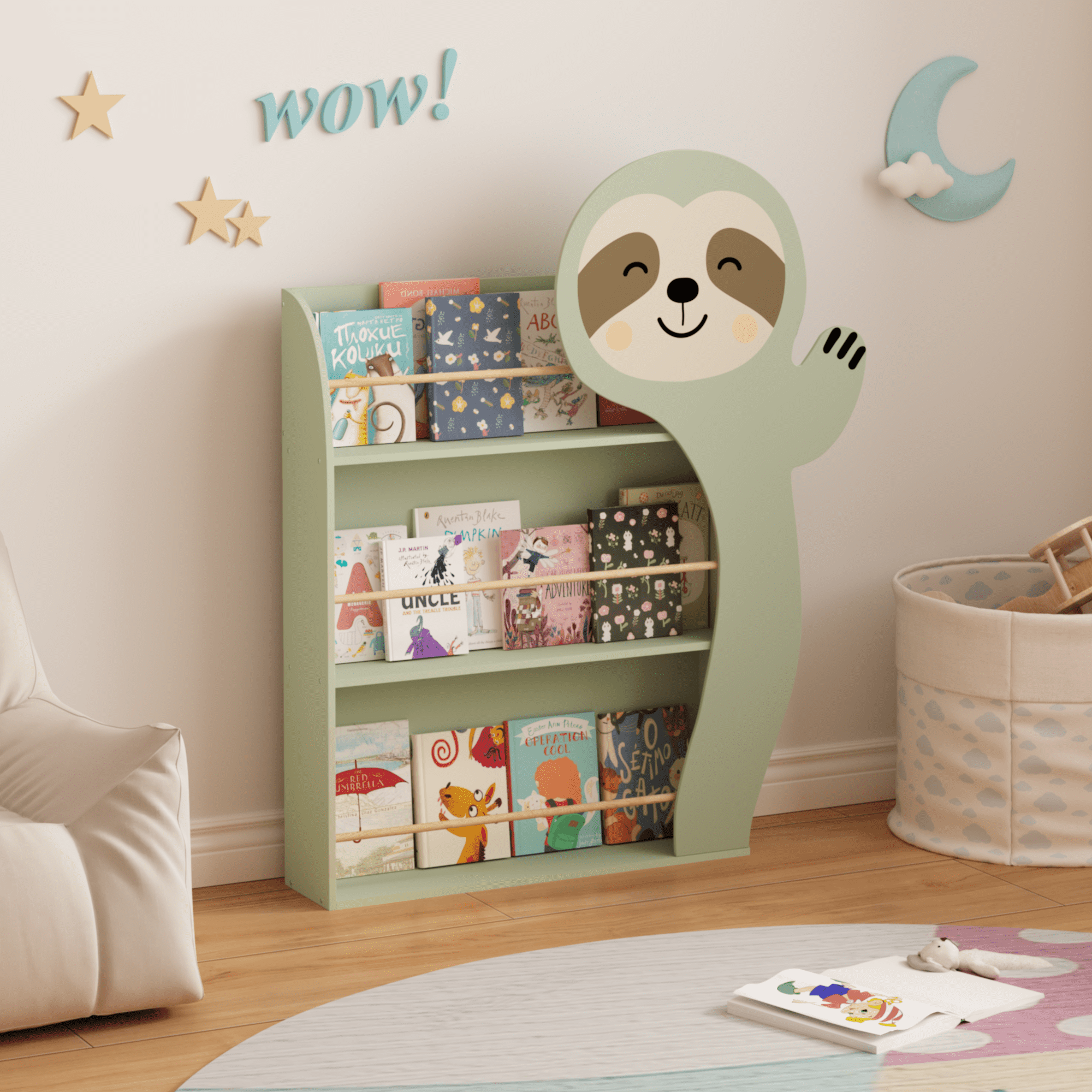 Kids Furniture Sloth Kids Bookshelf, Front-Facing Toddler Book Display Rack with 3 Tiers, Cute Animal Design, Wooden Nursery Bookshelf for Playroom, Bedroom & Reading Corner, Safe & Sturdy Storage O