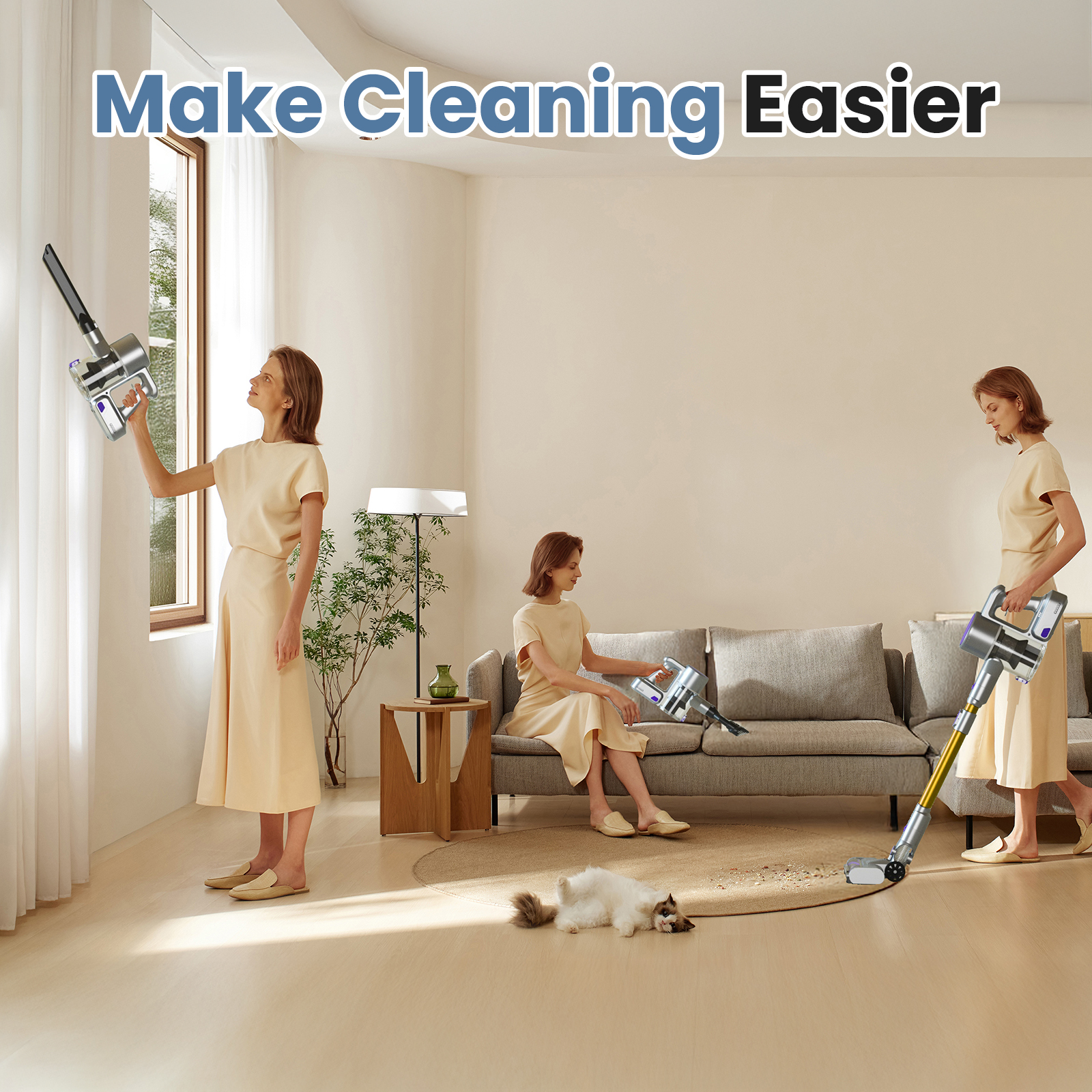 MCQ 3-in-1 Cordless Stick Vacuum Cleaner, Lightweight with LED Headlight for Carpet, Floor & Pet Hair, Purple-Yellow