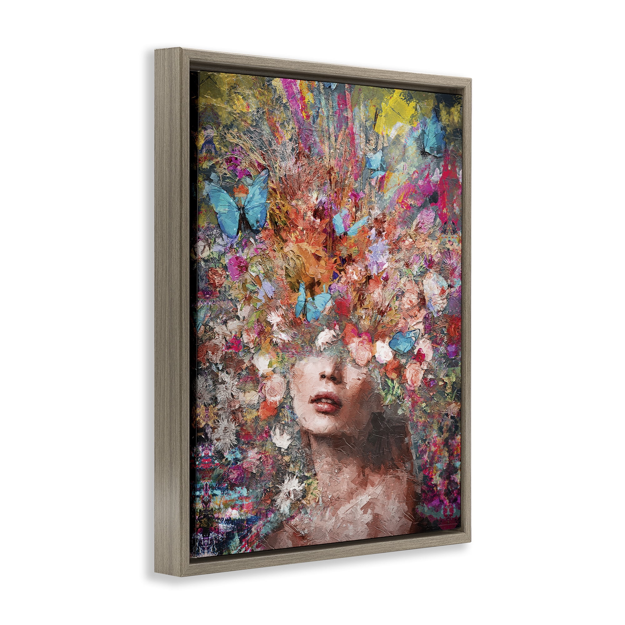 Stupell Industries Abstract Painterly Floral Face Animals Painting Brown Floater Framed Canvas Art Print Wall Art, 25 x 31