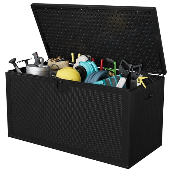 150 Gallon Resin Outdoor Storage Box, Weatherproof & Lockable Deck Box with Waterproof Lid, Storage Bin for Garden Tools & Pool Supplies – Black