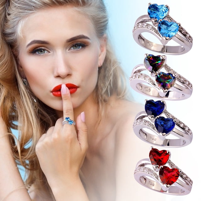 Sentmoon Women Rings Womens Rings Women Famale Fashion Lover Jewelry Heart Cut Rainbow & White Gemstone Ring