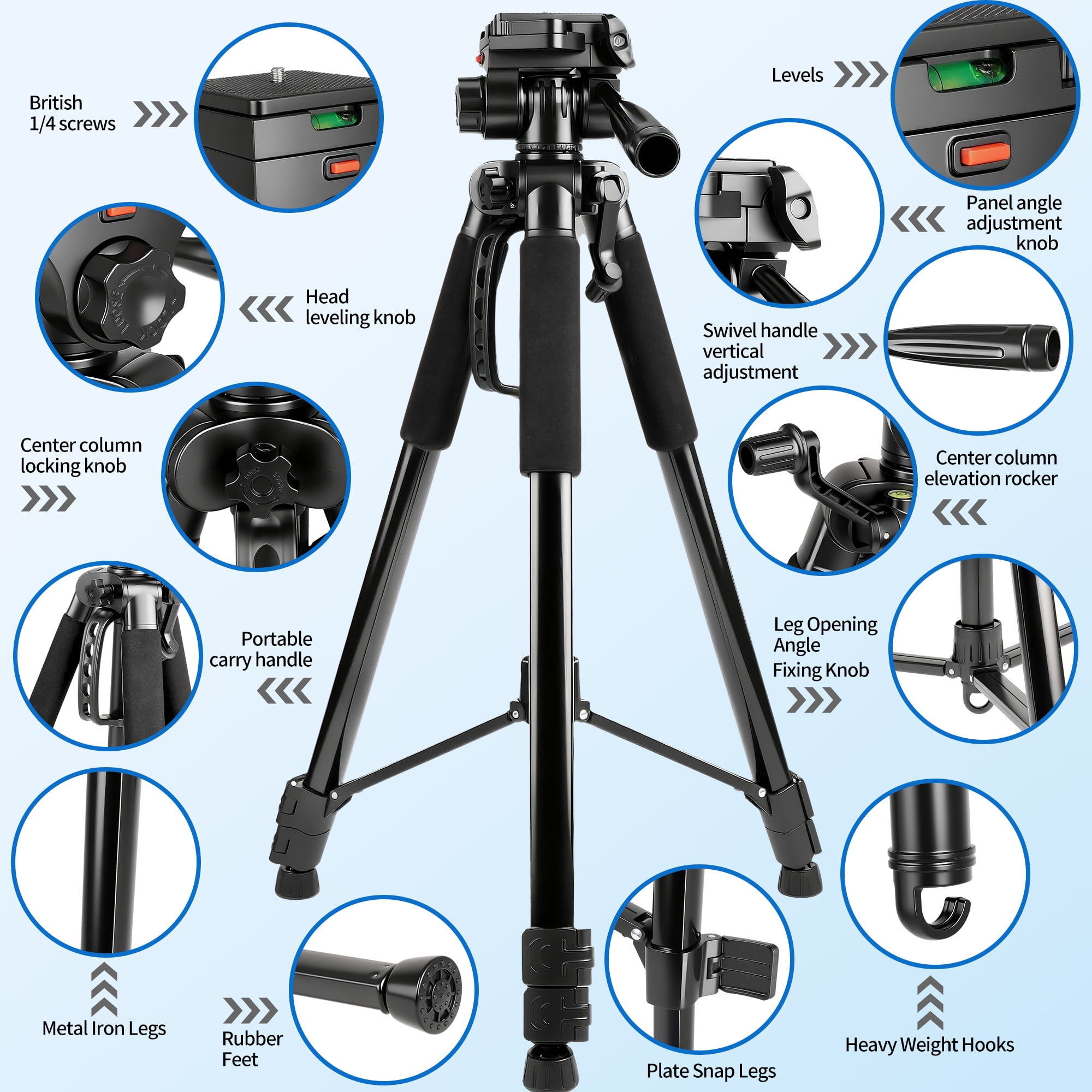 71" Camera Tripod, BUSATIA Tripod for Camera, Phone Video Recording, Heavy-Duty Camera Tripod Stand, 11lb Load Capacity, Adjustable Height from 24" to 71'', for Camera, Phone, Projector, Webcam