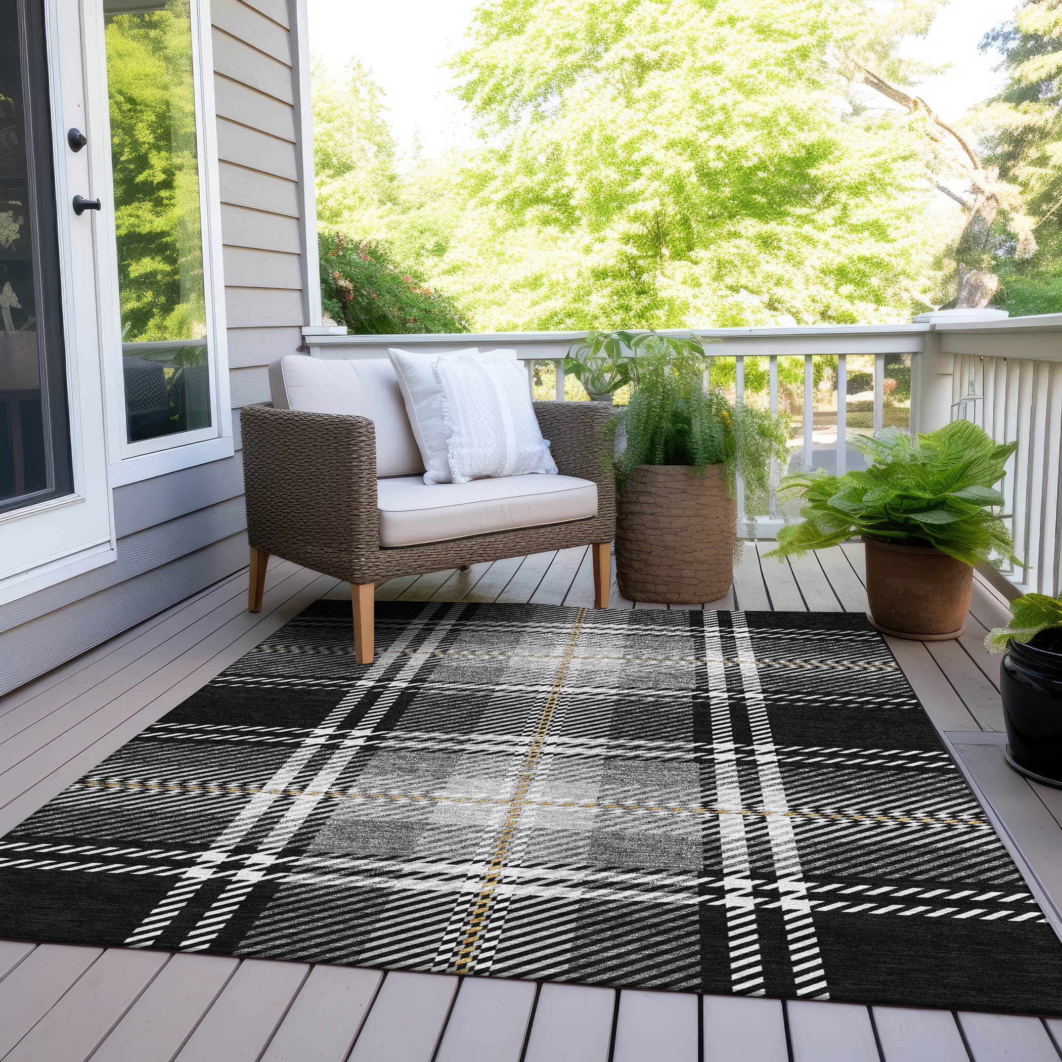 Addison Rugs Chantille Indoor/Outdoor Transitional Plaid Black Washable Rectangle Rug, 9' x 12'