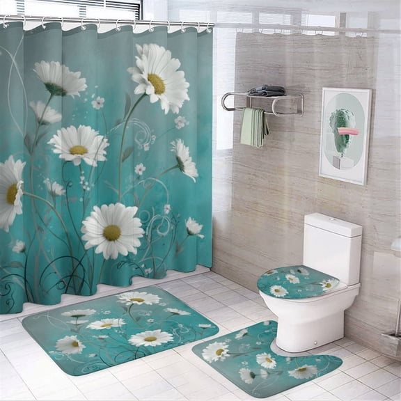 White Daisy Floral Flowers Shower Curtain 4 Piece Sets Shower Curtain Set with Curtain Rug Toilet Cover And U Shaped Mat Cute Floral Waterproof Personality Pattern Bath Curtains for Bathtub Decor