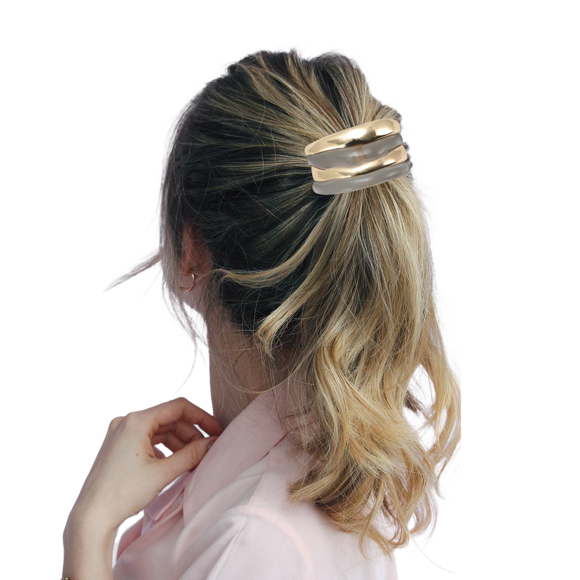 Unique Bargains Horizontal Stripes Ponytail Buckle Hair Clip for Women Gold Tone, Gray