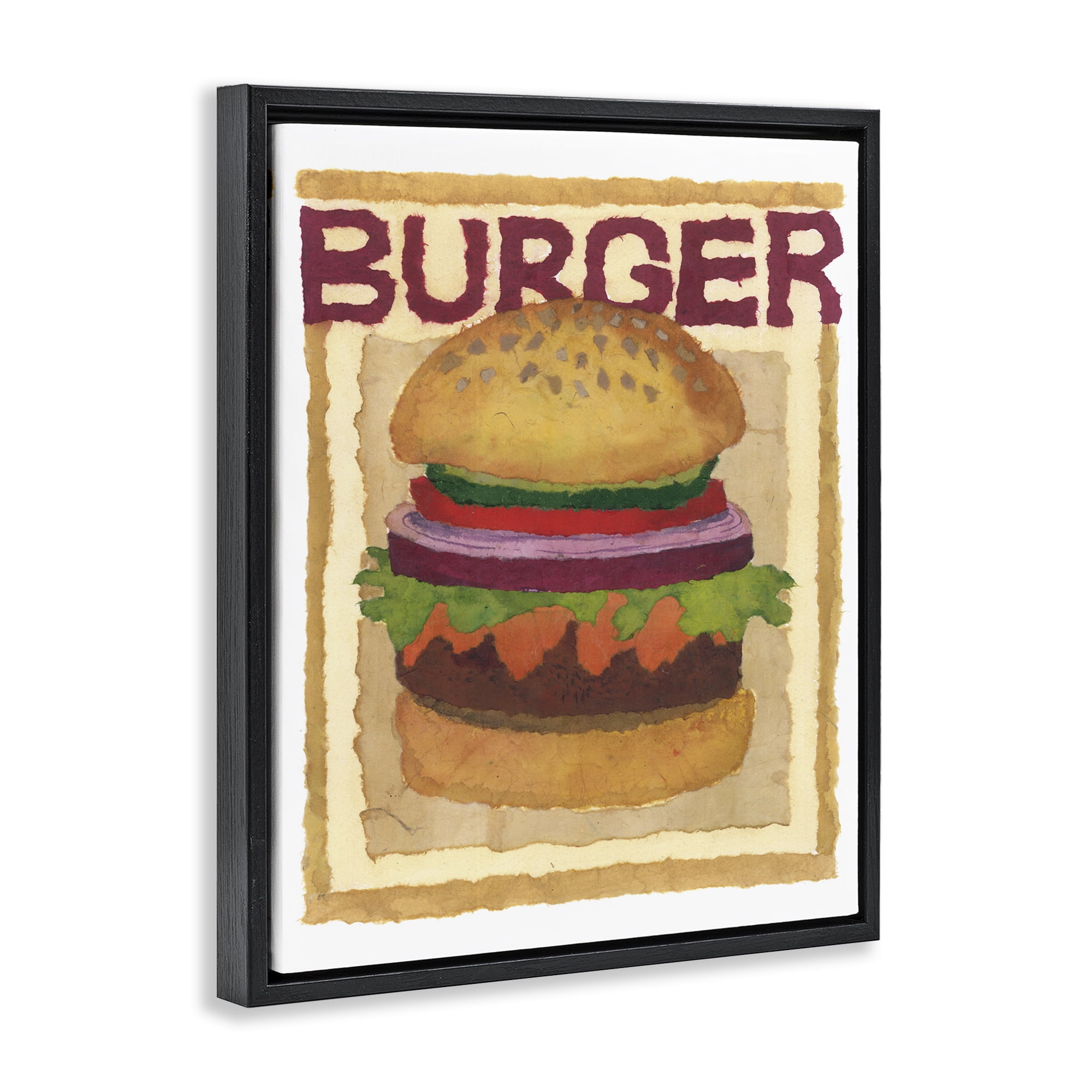 Stupell Industries Watercolor Style Burger Food & Beverage Painting Black Floater Framed Art Print Wall Art, 25 x 31