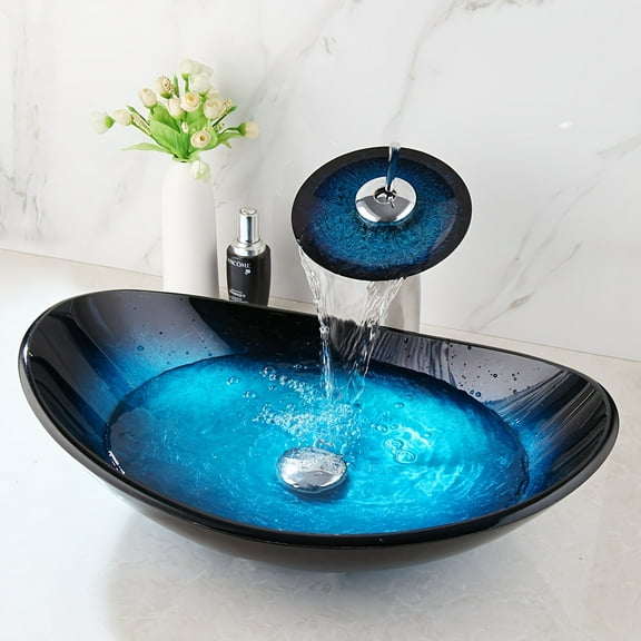 [Glass Vessel Sink] Bathroom Oval Glass Vessel Sinks Blue Black Basin Bowl Sinks Combo - Countertop Oval Vessel Sink - Facuet Vanity Waterfall Single Hole Mixer Faucet - Waste Pop-up Drain Set